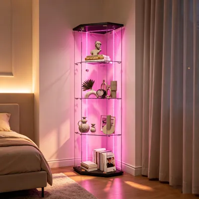 Productafbeelding van INONEFT Vitrine, glazen vitrine, vitrinekast met LED-verlichting en slot, 1 deur, 4 etages, moderne vitrinekast, glazen displaykast, gehard glas, zwart