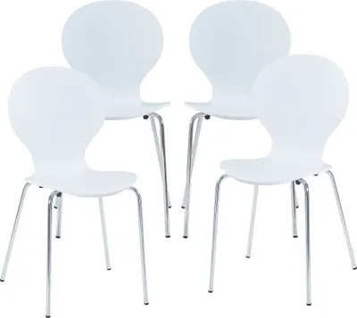 Four white chairs with chrome legs are arranged in a group against a white background.