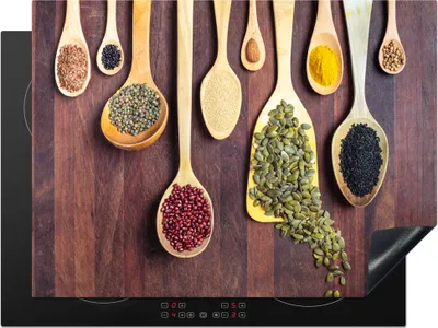 Produktbild von KitchenYeah© Herdabdeckplatte Verschiedene Kräuter auf Löffeln , 70x52cm, Küche Deko, Glaskeramikkochfeld Herdabdeckung, Abdeckplatte fùr Kochfeld