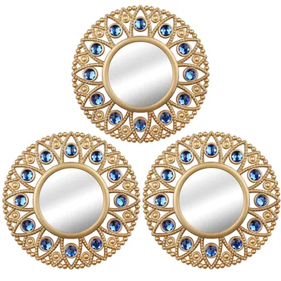Image de DXYAKY, ensemble de 3 miroirs ronds dorés pour le mur, miroirs décoratifs artistiques avec des détails bleus