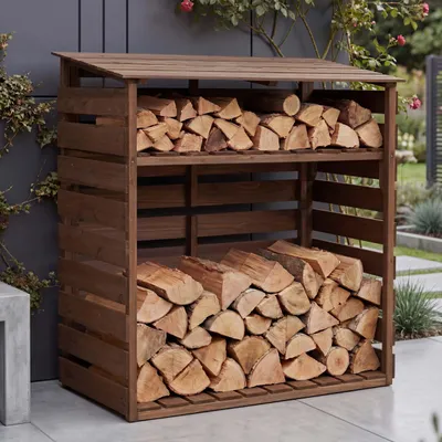 Immagine prodotto di Porta legna HWC-Q16, scaffale per legna da ardente, ripostiglio per legna, ripiano per legna di abete  121x122x61 cm ~ marrone scuro