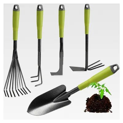 Produktbild von 5-teiliges Gartenwerkzeug-Set - Gartenset mit Doppelhacke, Kleingrubber, Fugenkratzer, Handrechen und Blumenkelle - Werkzeug für Pflanzen und Gartenarbeit