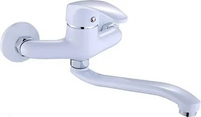 A white wall-mounted kitchen faucet with a long, curved spout.