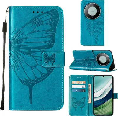 Obrázek produktu pro Pouzdro pro Huawei Mate 60 Motýlí Reliéf Flip Kožené Pouzdro s Kapsami na Karty a Stojánkem modré