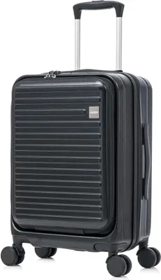 A black suitcase with wheels and a retractable handle is shown against a white background.