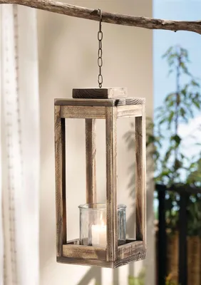 Image de Lanterne "Shabby-Chic" en bois recyclé, hauteur 43 cm, avec photophore en verre, lanterne en bois, lanterne de jardin extérieure, lanterne à suspendre