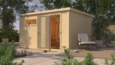 Produktbild von Karibu Saunahaus Außensauna Gartensauna Hytti 6 unbehandelt ohne Zubehör 38mm Massivholz 396x231x217 cm