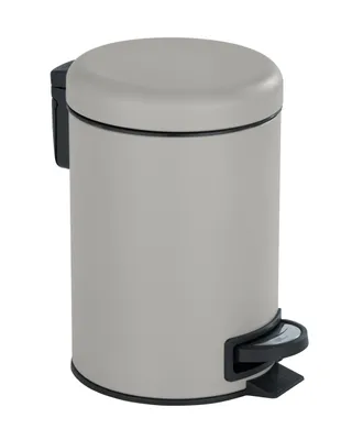 A gray pedal trash can with a black pedal and hinge, shown against a white background.