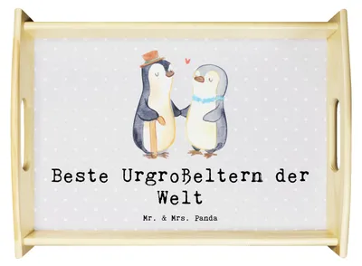 Produktbild von Mr. & Mrs. Panda Tablett Pinguin Beste Urgroßeltern der Welt - Grau Pastell - Geschenk, Deko, Dekotablett, Kleinigkeit, Oma, holz, Opa, Geschenkidee, Serviertablett