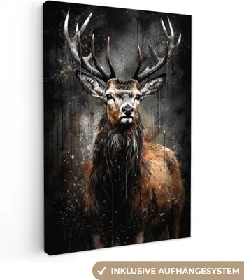 Produktbild von MuchoWow® - Leinwandbilder - Hirsch - Schwarz - Tier - Hirschkopf, Wandbild, Wanddeko Bilder Wohnzimmer, 80x120cm