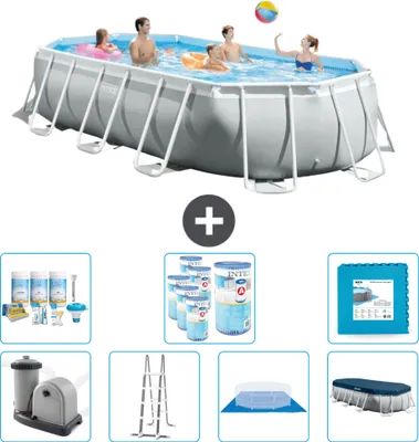 Produktbild von Intex Oval Prism Frame Swimmingpool – 503 x 274 x 122 cm – Grau – inklusive Pumpe – Leiter – Bodenplane – Abdeckung Wartungspaket - Filter - Bodenfliesen