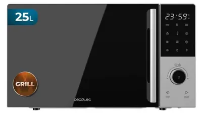 Immagine prodotto di Forno a microonde digitale da 25 litri e 850 W con manopola e icone.