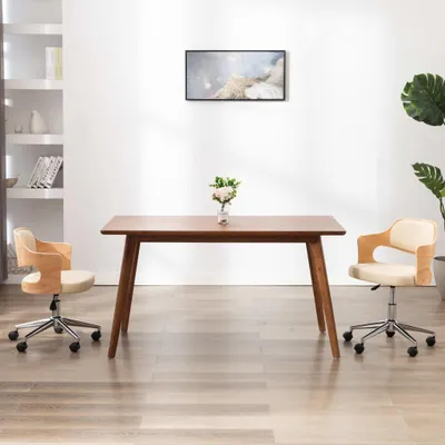 Image de vidaXL Chaise de bureau pivotante Crème Bois courbé et similicuir