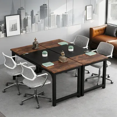 Image de Bureau 160 x 80 cm, lot de 2, bureau d'ordinateur avec pieds en métal, couleur marron rustique et noir