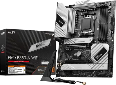 A motherboard and its packaging are displayed against a white background.