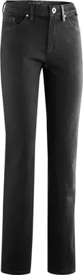 Schwarze DY.EN.A Kletterhose für Damen von Edelrid; gerade geschnitten mit Taschen und Knopfverschluss.