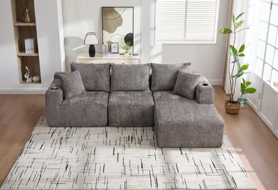 Produktbild von 102" komprimiertes modulares Ecksofa, grau – mit Getränkehalter, tiefer Sitzfläche, L-Form, montagefrei, 261×165×80.5 cm