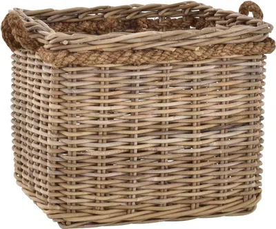 Zdjęcie produktu dla KRINES HOME Duży kosz na rośliny / drewniany kosz kwadratowy wykonany z szarego naturalnego rattanu 50x50cm z krawędzią ze sznurka / pleciona sadzarka rattanowa / rozmiar XL może być również jako drewniany kosz - Darmowa wysyłka w DE