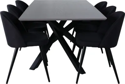Produktbild von PiazzaGRBL Essgruppe Esstisch grau und 6 Velvet Esszimmerstühle schwarz.