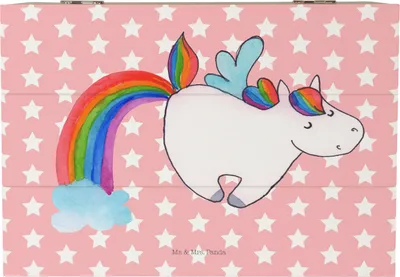 Produktbild von Mr. & Mrs. Panda Geschenkbox Einhorn Fliegendes Pferd 22 x 15 cm - Rot Pastell - Geschenk, Glitzer, Spielen, Schatzkiste, holzschatulle, Unicorn, schatztruhe, Regenbogen