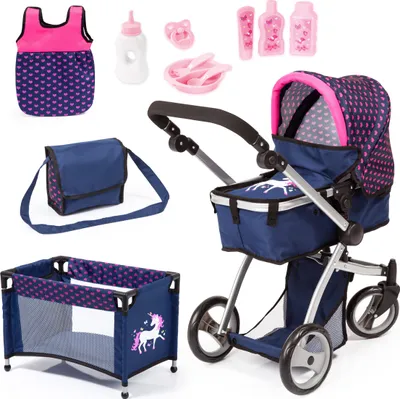 Produktbild von Bayer Design 18354AC Kombi-Puppenwagen Mega Set mit Puppenbett, Schlafsack, Tasche, Zubehör, blau, rosa, Einhorn