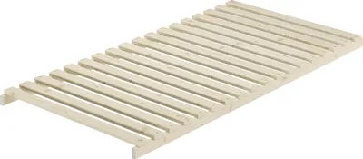 A wooden bed frame slatted base, shown from a diagonal angle.