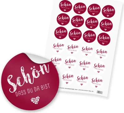 Produktbild von itenga 24x Sticker "Schön dass du da bist" weinrot bordeaux (Motiv 102)