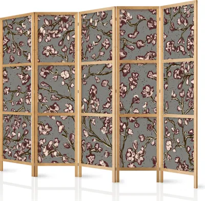 Produktbild von Paravent XXL 225x172 cm 5-teilig einseitig eleganter Sichtschutz Raumteiler Trennwand Raumtrenner Holz Design Motiv Deko Home Office Botanik Abstrakt Natur b-A-10442-bh-b