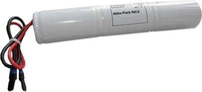 A white battery pack with wires and connectors is shown against a white background.