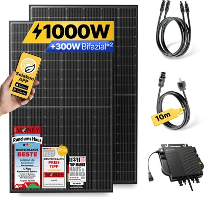Produktbild von Balkonkraftwerk 1000W Solaranlage Steckerfertig Komplettset Photovoltaik Anlage 800W, Kabellänge: 10m, Solakon - onBasic
