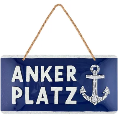 Produktbild von LANOLU Retro Blechschild Ankerplatz, geprägt gestanzt mit Jutekordel, maritime Deko Garten Strandkorb, 16x32 cm