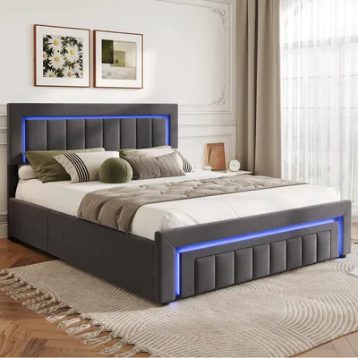 Obrázek produktu pro Čalouněná postel 160×200 se zásuvkami a LED osvětlením, manželská postel s úložným prostorem a kolečky, postel pro mládež v šedé barvě,bez matrace
