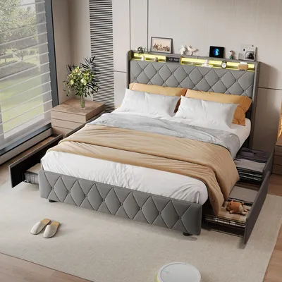 Zdjęcie produktu dla Łóżko tapicerowane 160x200 cm z 4 szufladami, zagłówkiem z miejscem do przechowywania, oświetleniem LED, portami USB i Type-C, stelażem pod materac, tkanina flanelowa, kolor szary, bez materaca
