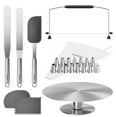Produktbild von Tortendekorationsset Tortenständer Spritztüllen - 14 Tüllen - Edelstahl - Drehbarer Tortenständer - Tortenmesser und Spatel