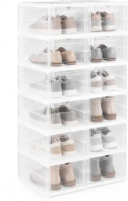 Produktbild von COSTWAY 6-stöckiger Schuhorganizer 2er Set, faltbare Kunststoff-Sneaker-Aufbewahrungsboxen mit Klapptür, tragbares, platzsparendes Schuhregal
