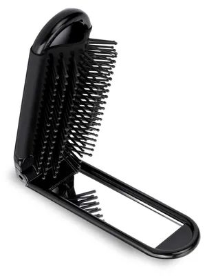 Obrázek produktu pro Mini cestovní kartáč na vlasy se zrcátkem a masážní funkcí, nylonové štětiny, skládací