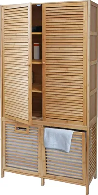 A wooden cabinet with slatted doors and drawers, designed for bathroom storage.