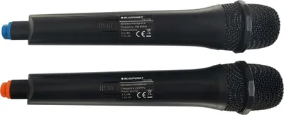 Two black wireless microphones are shown against a white background.