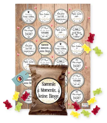 Produktbild von 24 Fruchtgummi Tütchen mit Motivationssprüchen – Mini-Geschenke im Vintage-Look