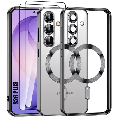 Image de Coque + 2 Verres Trempés pour Samsung Galaxy S26 Plus, Silicone avec Cercle Magnétique Effet Chrome Noir