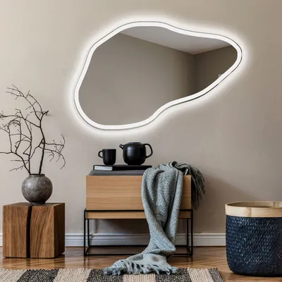 Produktbild von Unregelmäßiger asymmetrischer Spiegel mit LED Beleuchtung 99x64 cm - mit LED Beleuchtung - LED Farbe Kaltweiß 7000K - Individuell Nach Maß - Beleuchtet Wandspiegel Lichtspiegel Badezimmerspiegel POD222