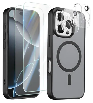 Immagine prodotto di Avizar, custodia protettiva MagSafe per iPhone 16 Pro, con 2 protezioni in vetro temperato e 2 pellicole protettive per la fotocamera, colore nero