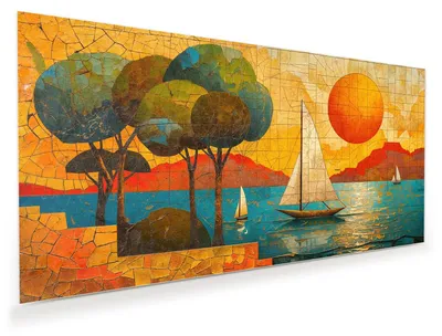Produktbild von Glasbild 120x60cm in XXL für Wohnzimmer, Schlafzimmer Motiv Segelboot im Sonnenuntergang