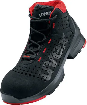 A black and red uvex safety boot is shown against a white background.