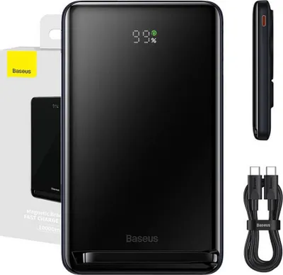 A black Baseus magnetic bracket power bank with a digital display showing 99% charge, shown with its packaging and charging cables.