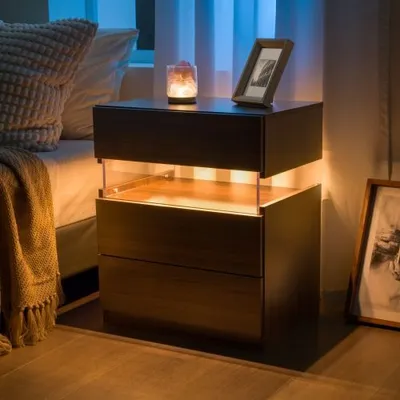 Produktbild von LED-Nachttische, Kommode mit 3 Schubladen für Schlafzimmer, Beistelltisch mit Acrylplatte, LED-Nachttische für Schlafzimmer, Wohnzimmer, Nachttischmöbel