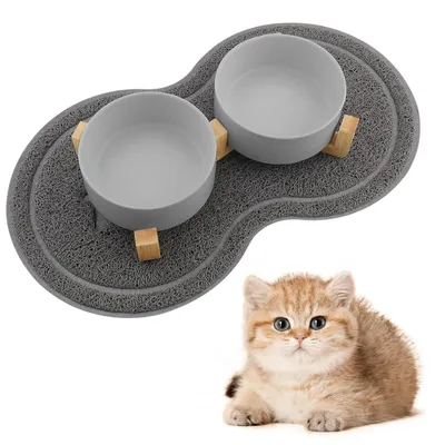 Produktbild von Katzennapf, 2 Stück Keramik Futternapf Katze Set, 3-in-1 rutschfeste Katzennäpfe mit Holzstände und Matten, Fressnapf und Wassernapf