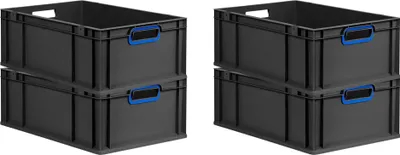 Produktbild von SuperSparSet 4x Eurobox NextGen Color | HxBxT 22x40x60cm | 44 Liter | Griffe blau offen | Verstärkter Boden | Schwarz | Eurobehälter, Transportbox, Transportbehälter, Stapelbehälter