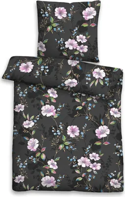 Obrázok produktu pre biberna mäkká saersucker posteľná bielizeň "BLUMENZAUBER" ANTHRAZIT 135 x 200 cm
