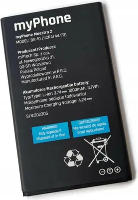 A black smartphone battery with text and symbols printed on it, placed on a white background.